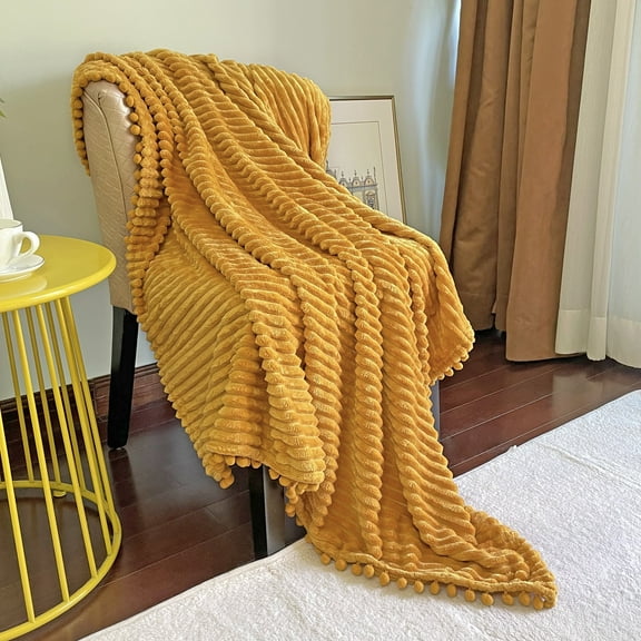 DISSA Flannel Fleece Blanket Soft Large Throw Blanket with Pompom Fringe Lightweight Cozy Plush Blanket Fit Sofa Bed(Mustard Yellow,51x63")