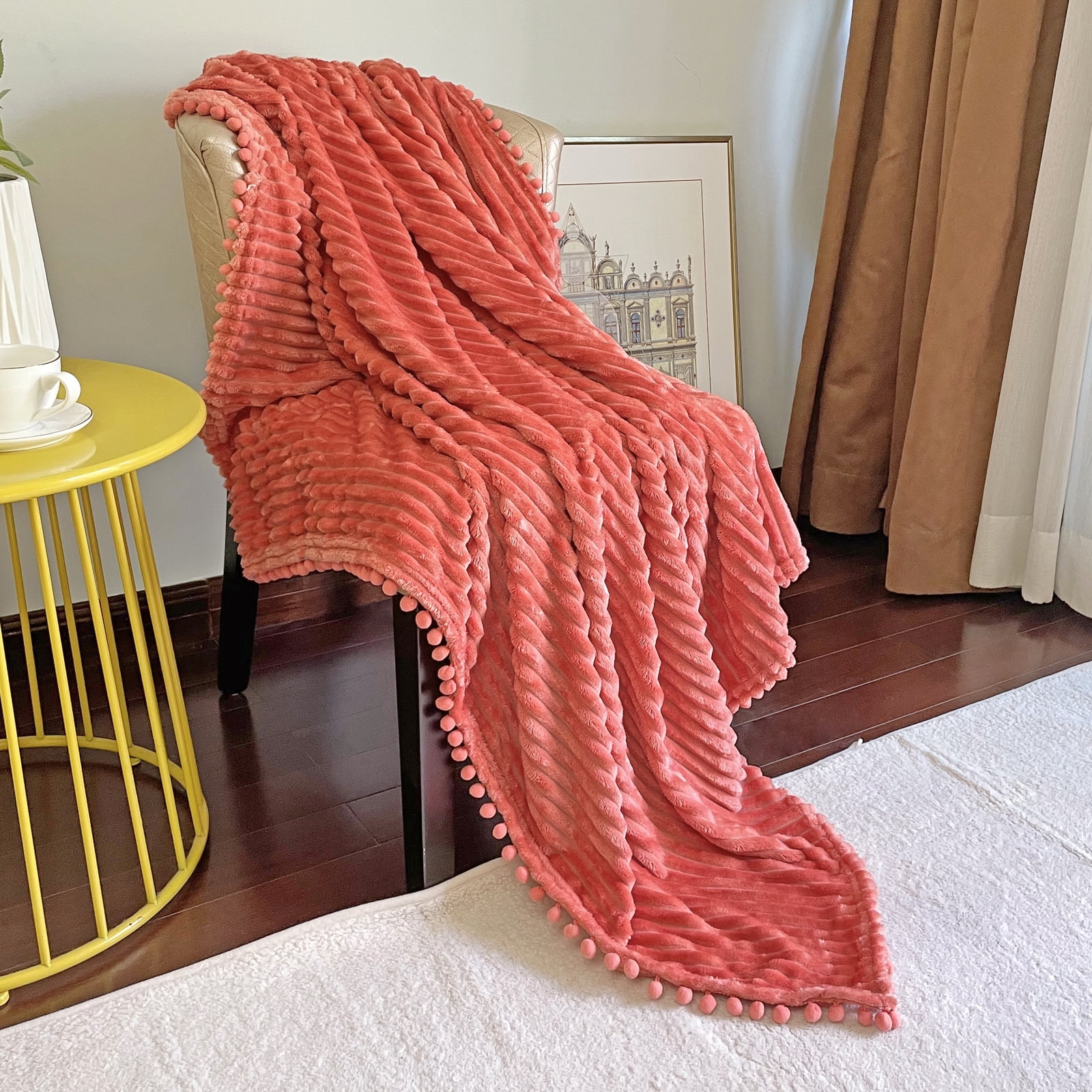 DISSA Flannel Fleece Blankets with Pompom Fringe Lightweight Soft Throw