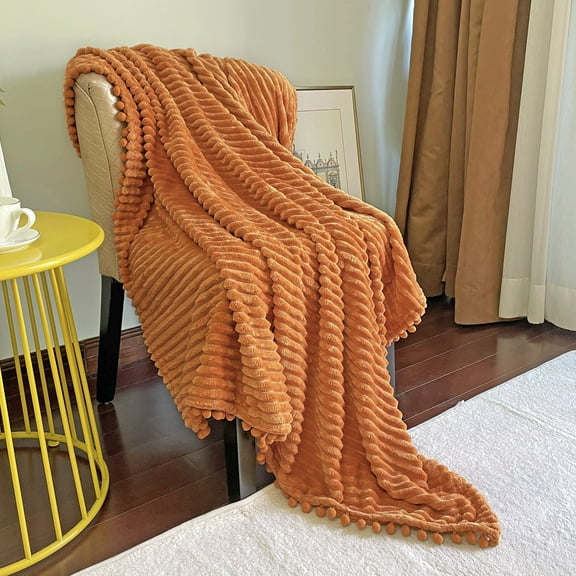 DISSA Flannel Fleece Blankets with Pompom Fringe Lightweight Soft Throw Blanket Fit Sofa Bed(Orange,51x63")