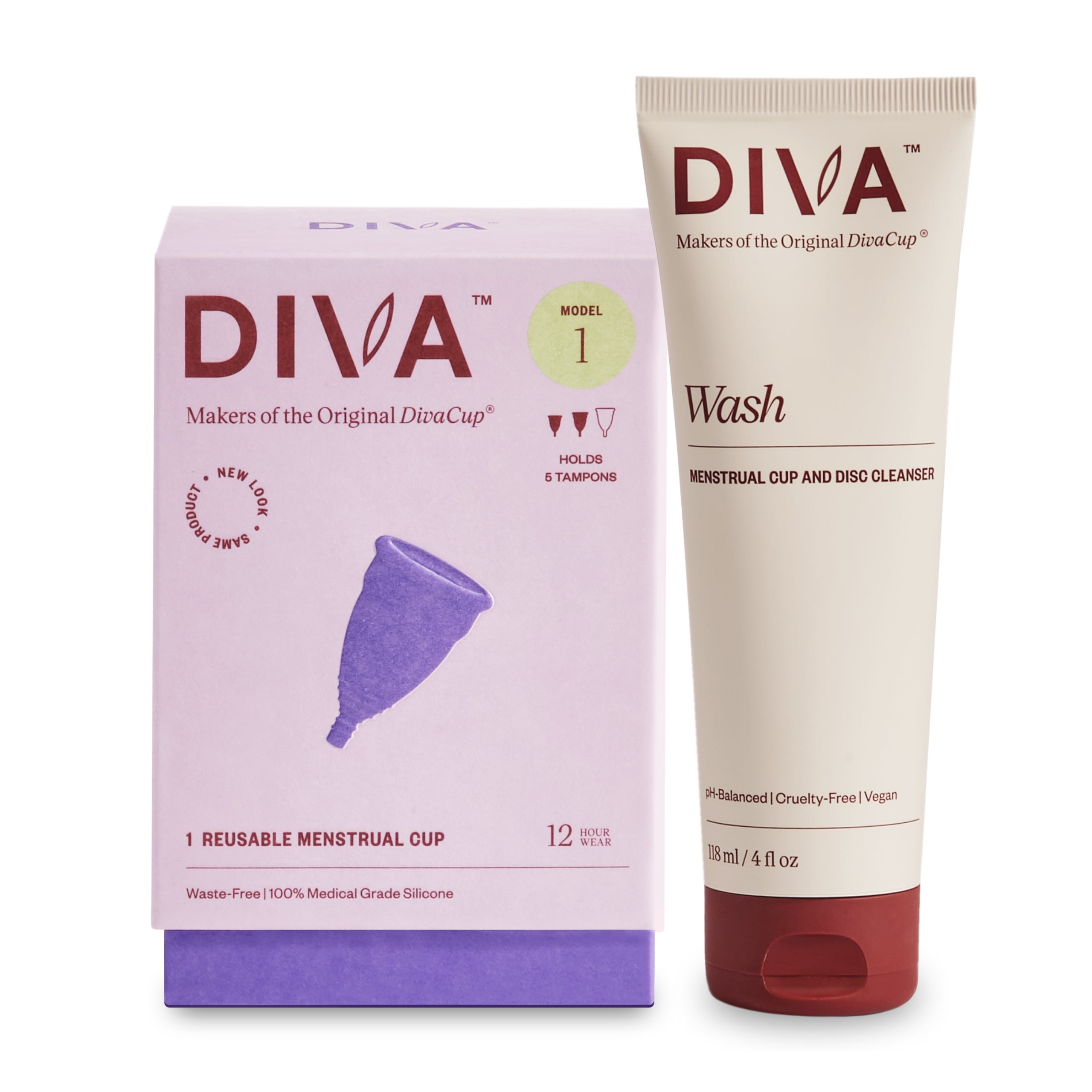 DIVA Cup & DIVA Wash Combo Pack - Medical Grade Silicone Cup for Period Care - Reusable Menstrual Cup - Cleaner for Period Cup - Cup Model 1 (For Medium to Heavy Flow)