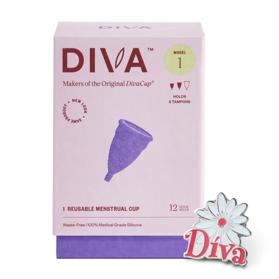 DIVA Cup & Pin - Medical Grade Silicone Cup for Period Care - Reusable Menstrual Cup - Up to 12 Hours of Continuous Wear - Model 1 (For Medium to Heavy Flow) - With Enamel Pin