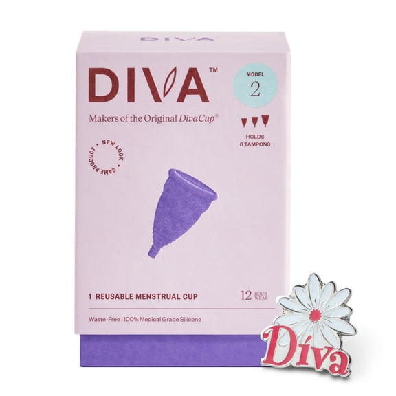 DIVA Cup & Pin - Medical Grade Silicone Cup for Period Care - Reusable Menstrual Cup - Up to 12 Hours of Continuous Wear - Model 2 (For Wide Vaginal Canals, Post-Partum & Ages 35+) - With Enamel Pin
