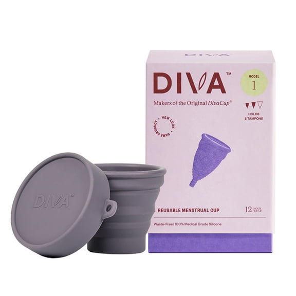 DIVA Cup & Shaker - Medical Grade Silicone Cup for Period Care - Reusable Menstrual Cup with Shaker for On-the-Go Cleansing - Wear Up to 12 Hours - Model 1 (For Medium to Heavy Flow)