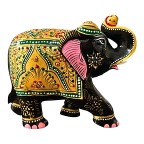 DIVINE CRAFT - Handcrafted Wooden Elephant Figurine – Green Traditional Design | Elephant Decor for Home & Office | Lucky Elephant Gifts for Women | Elephant Statue for Living Room Decor (4 Inches)