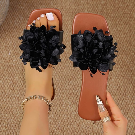 DIVVce 3D Flower Accent Slide Sandals For Women Open Toe Slip On Comfortable Summer Footwear