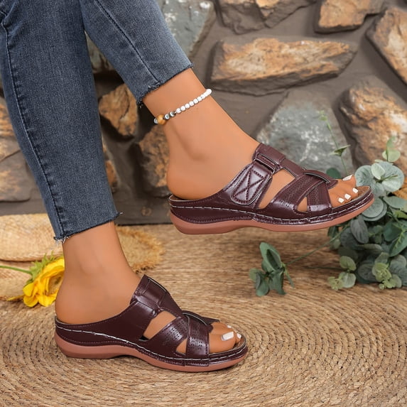 DIVVce Adjustable Strap Wedge Mule Sandals For Women Open Toe Slip On Comfort Casual Footwear