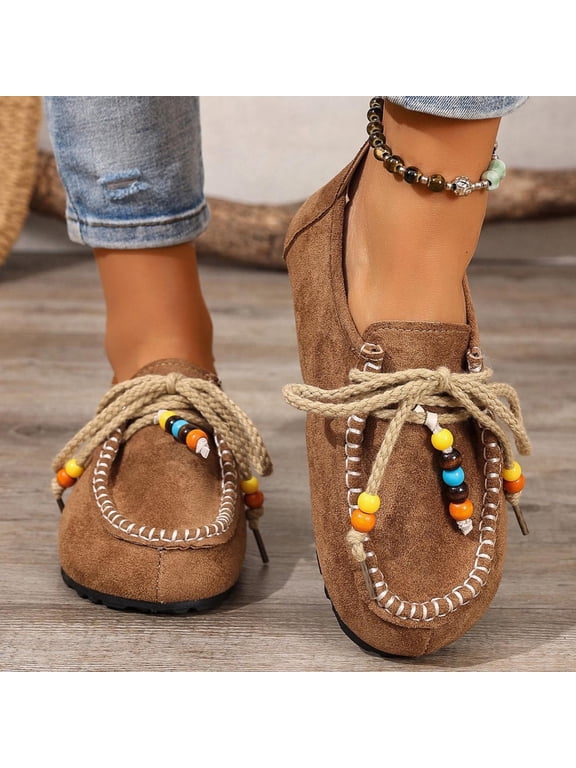 Beaded Lace Up Moccasin Loafers For Women Round Toe Slip On Comfort Casual Walking Footwear