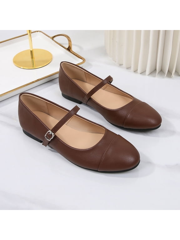 Cap Toe Mary Jane Flats For Women Adjustable Buckle Slip On Comfort Casual Office Dress Footwear