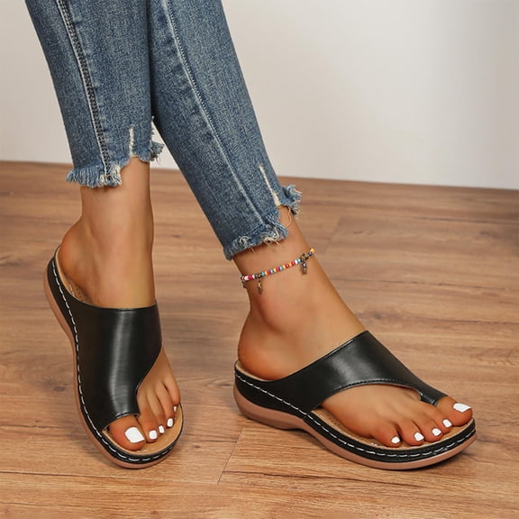 DIVVce Comfortable Sandals For Women Toe Loop Design Low Wedge Slip On Slides Breathable Footwear For Daily Walking