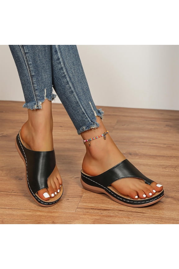 Comfortable Sandals For Women Toe Loop Design Low Wedge Slip On Slides Breathable Footwear For Daily Walking