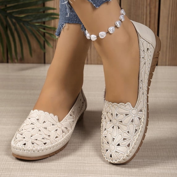 DIVVce Crochet Lace Ballet Flats For Women Round Toe Comfortable Slip On Breathable Footwear