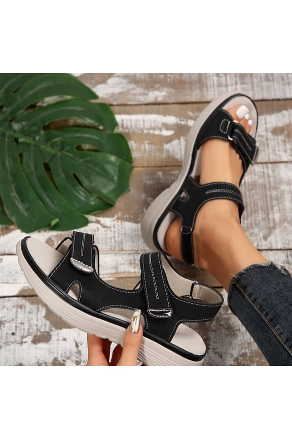 Dual Hook And Loop Cutout Platform Sport Sandals For Women Open Toe Adjustable Comfort Walking Footwear