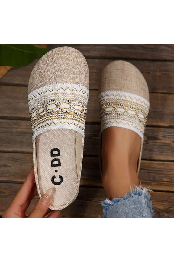 Embroidered Linen Mule Sandals For Women Closed Toe Comfortable Slip On Casual Footwear