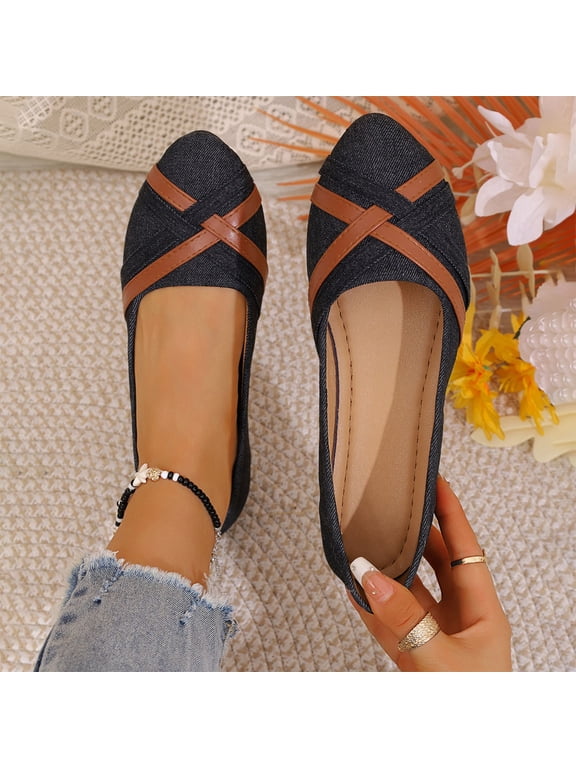 Flats For Women Denim Leather Trim Square Toe Comfortable Slip On Casual Lightweight Footwear