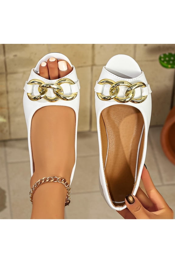 Flats For Women Peep Toe Slip On With Large Metal Chain Accent Footwear For Casual And Dressy Occasions