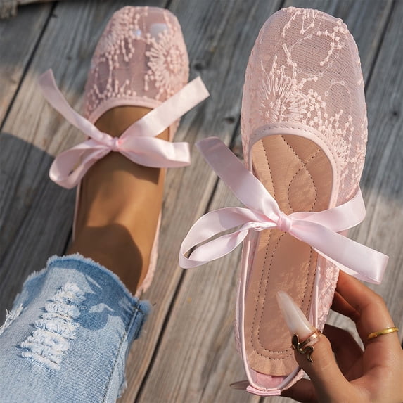 DIVVce Flats For Women Square Toe Lace Mesh Slip On With Satin Bow Accent Footwear For Casual And Dressy Occasions