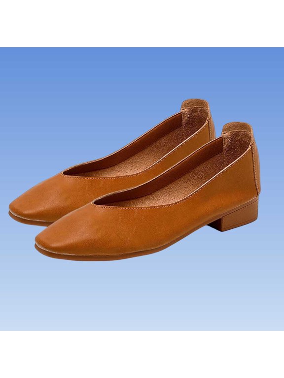 Flats For Women Square Toe Low Block Heel Slip On Dress Shoe Minimalist Vintage Leather Casual Daily Walking Office Footwear