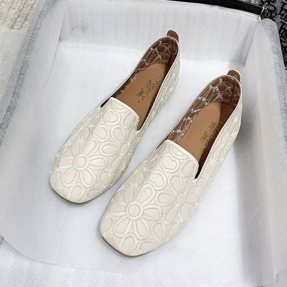 DIVVce Floral Embroidery Loafer Flats For Women Closed Toe Slip On Breathable Comfortable Casual Footwear