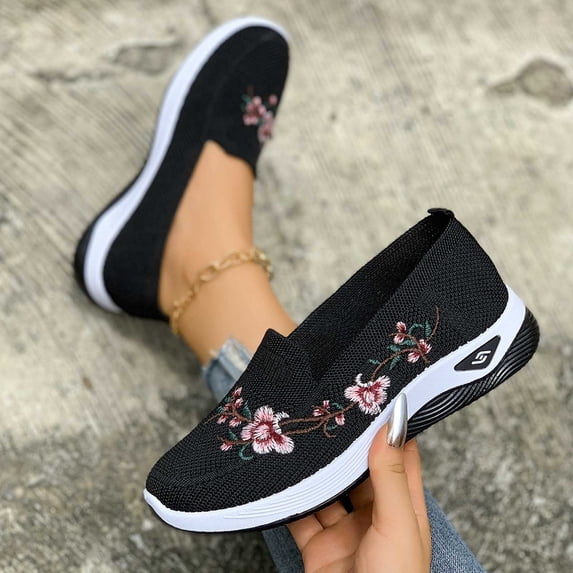 DIVVce Floral Embroidery Mesh Slip On Sneakers For Women Closed Toe Breathable Comfort Footwear