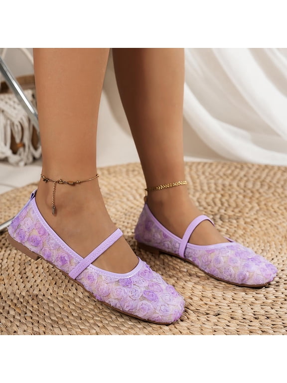 Floral Mesh Mary Jane Flats For Women Closed Toe Slip On Comfortable Casual Footwear