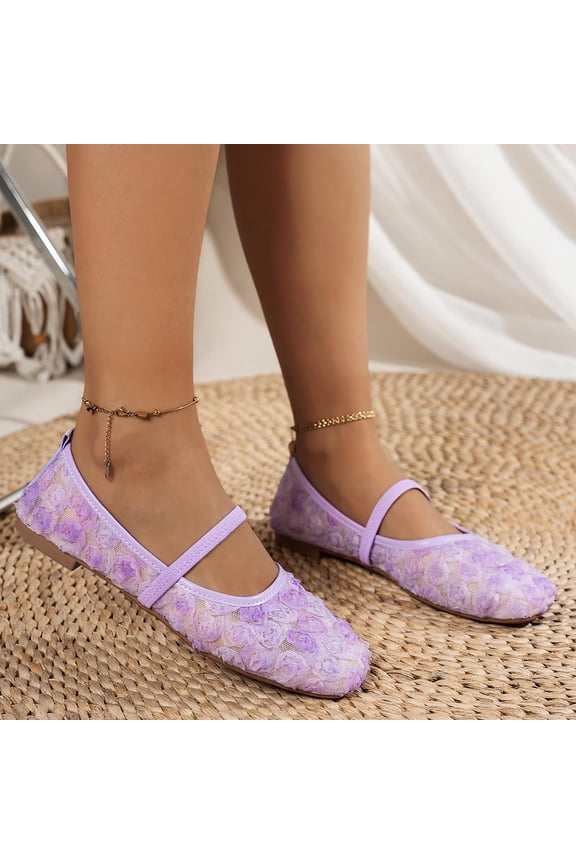 Floral Mesh Mary Jane Flats For Women Closed Toe Slip On Comfortable Casual Footwear