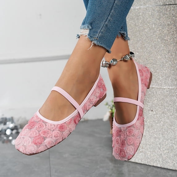 DIVVce Floral Mesh Mary Jane Flats For Women Closed Toe Slip On Comfortable Casual Footwear