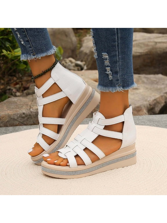 Gladiator Platform Wedge Sandals For Women Open Toe Back Zip Rhinestone Trim Footwear