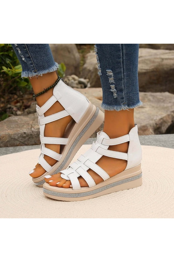 Gladiator Platform Wedge Sandals For Women Open Toe Back Zip Rhinestone Trim Footwear