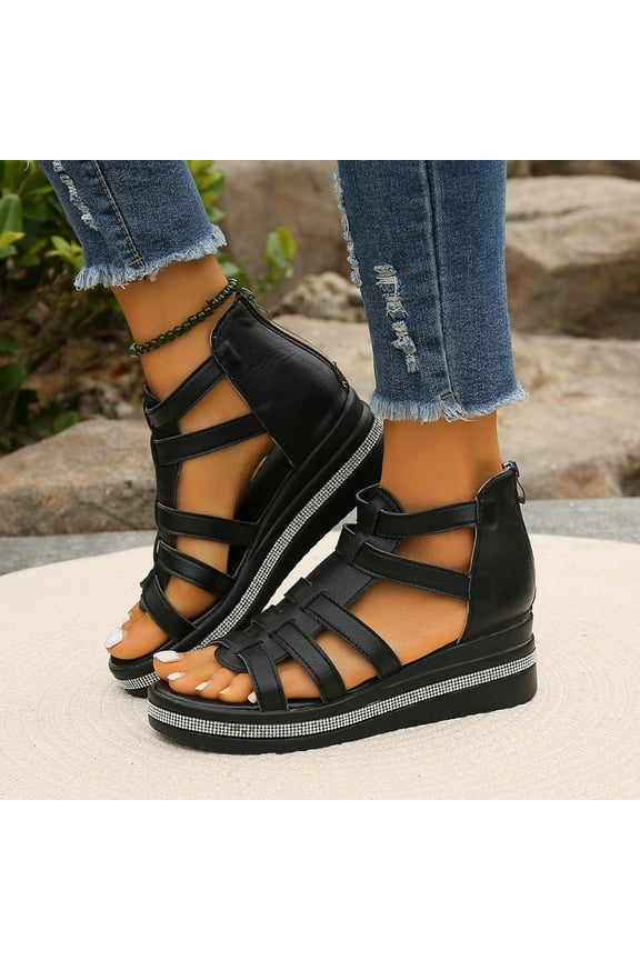 Gladiator Platform Wedge Sandals For Women Open Toe Back Zip Rhinestone Trim Footwear