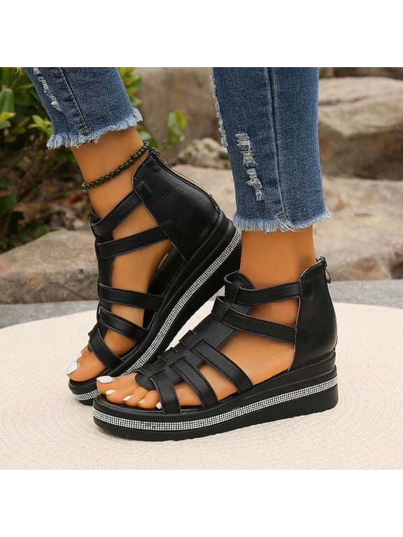 Gladiator Platform Wedge Sandals For Women Open Toe Back Zip Rhinestone Trim Footwear