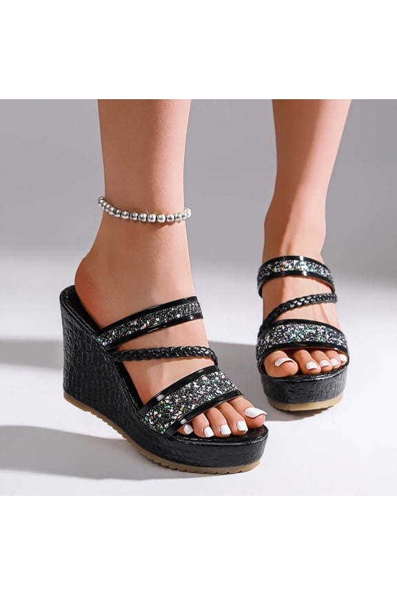 Glitter Accent Wedge Slide Sandals For Women Open Toe Comfortable Casual Summer Footwear