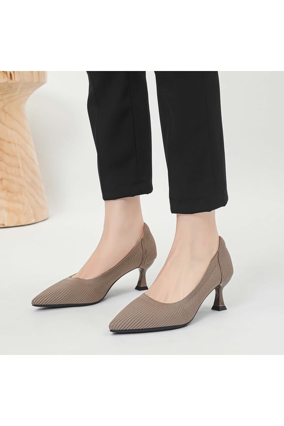 Heeled Pumps Women Knit Fabric Pointed Toe Comfortable Slip On Casual Lightweight Office Footwear