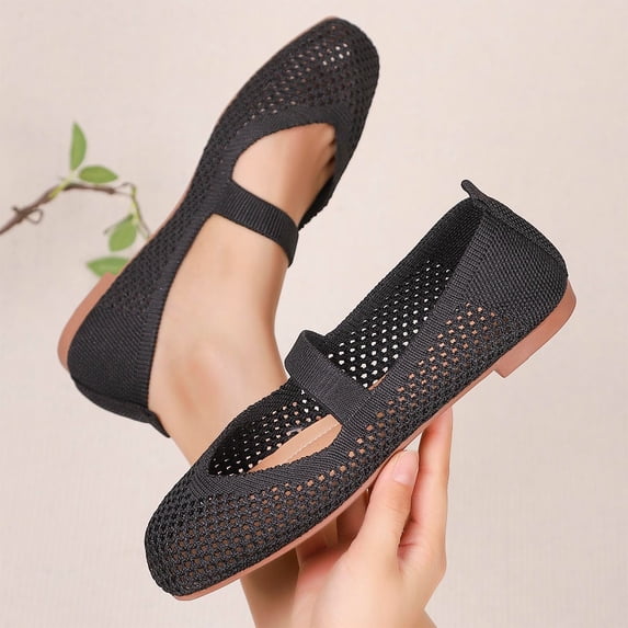 DIVVce Hollow Knit Mary Jane Flats For Women Square Toe Slip On Breathable Comfort Casual Daily Footwear