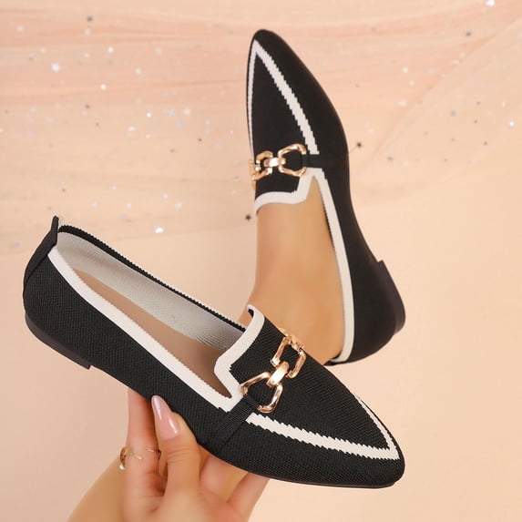 DIVVce Knit Metal Buckle Loafers For Women Closed Toe Slip On Comfort Casual Office Footwear