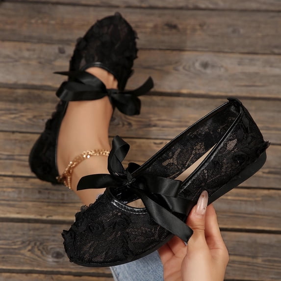 DIVVce Lace Bow Ballet Flats For Women Round Toe Comfortable Slip On Breathable Casual Footwear