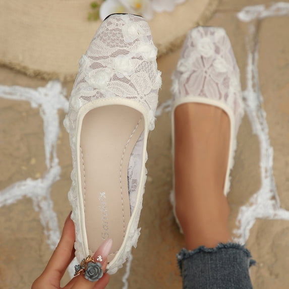DIVVce Lace Embroidery Ballet Flats For Women Closed Square Toe Slip On Comfort Casual Footwear