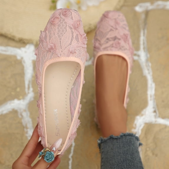 DIVVce Lace Embroidery Ballet Flats For Women Closed Square Toe Slip On Comfort Casual Footwear