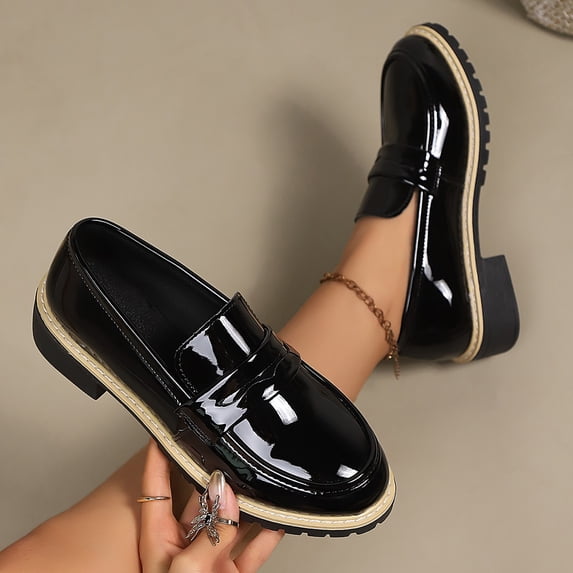 DIVVce Loafers For Women Patent Leather Round Toe Comfortable Slip On Chunky Heel Casual Footwear