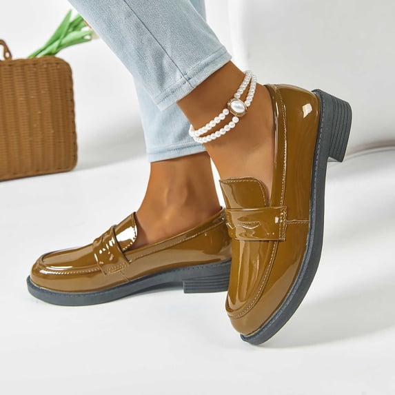 DIVVce Loafers For Women Patent Leather Round Toe Comfortable Slip On Low Heel Casual Footwear
