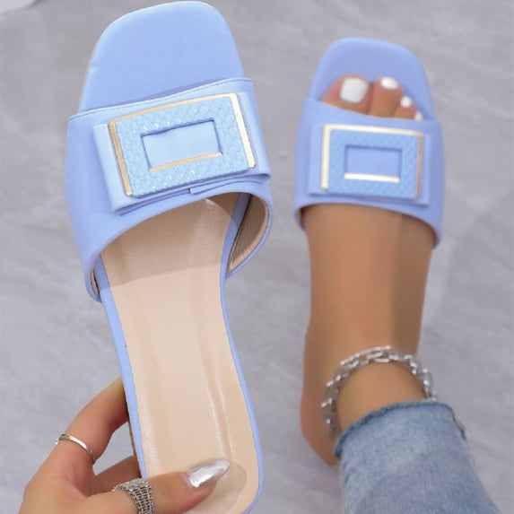 DIVVce Low Heel Slide Sandals For Women Metal Buckle Square Toe Comfortable Casual Party Footwear