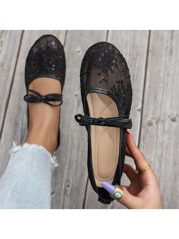Mary Jane Flats For Women Floral Sequin Lace Mesh Single Ribbon Bow Strap Round Toe Slip On Flat Shoe Footwear