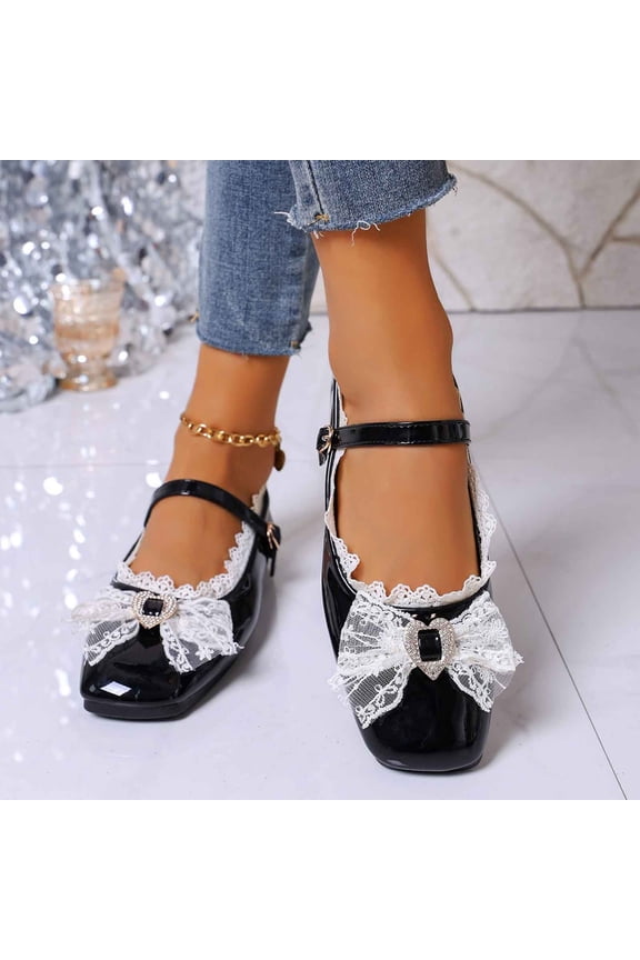 Mary Jane Flats For Women Glossy Patent Faux Leather Lace Ruffle Trim Heart Rhinestone Buckle Square Toe Slip On Flat Mary Jane Shoe Footwear
