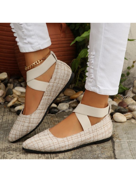Mary Jane Flats For Women Tweed Woven Fabric Crisscross Elastic Ankle Wrap Strap Pointed Toe Slip On Flat Shoe Footwear