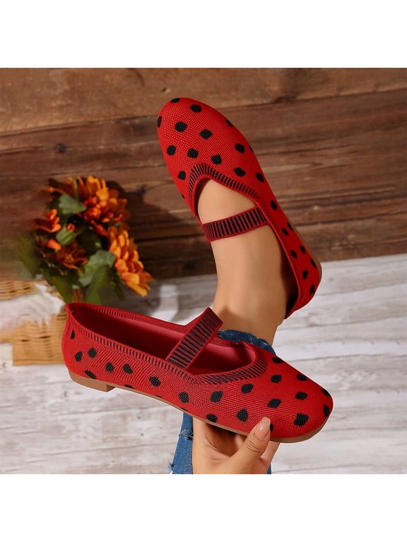 Mary Jane Flats Women Polka Dot Knit Stripe Strap Round Toe Comfortable Slip On Footwear