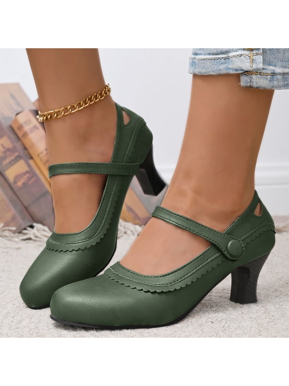 Mary Jane Pumps Women Faux Leather Round Toe Adjustable Strap Comfortable Mid Heel Footwear