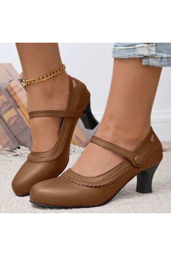 Mary Jane Pumps Women Faux Leather Round Toe Adjustable Strap Comfortable Mid Heel Footwear
