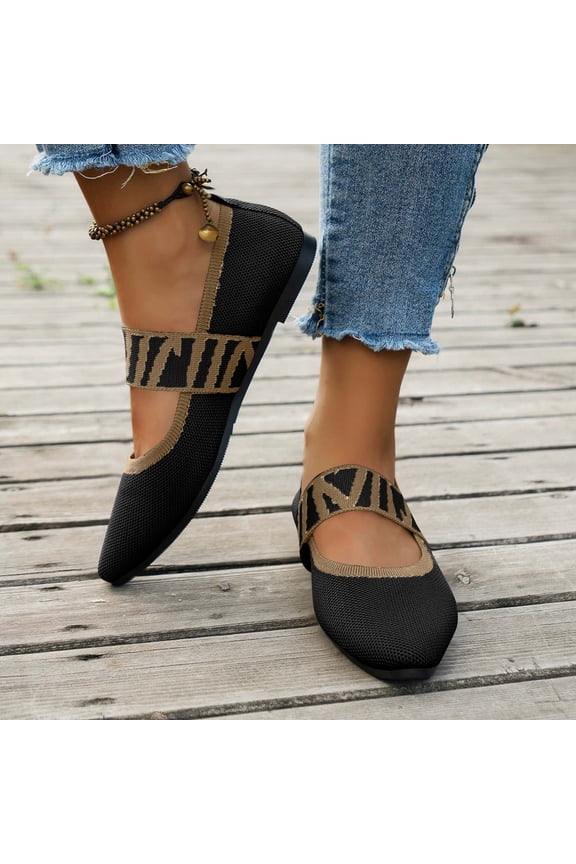 Mary Jane Shoes Women Knit Fabric Stripe Strap Comfortable Slip On Casual Lightweight Footwear