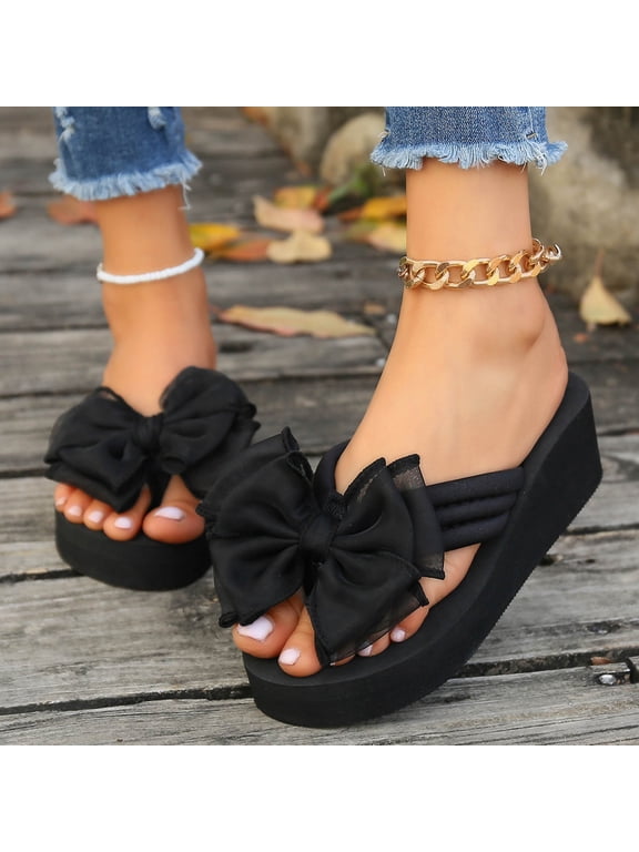 Mesh Bow Wedge Flip Flops For Women Open Toe Comfortable Non Slip Casual Footwear