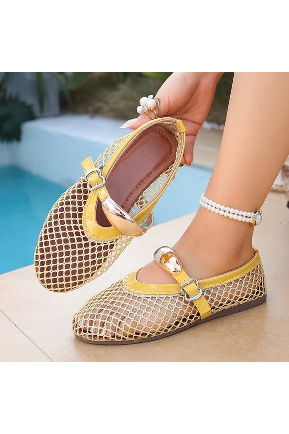 Mesh Heart Buckle Mary Jane Flats For Women Pointed Toe Adjustable Breathable Footwear
