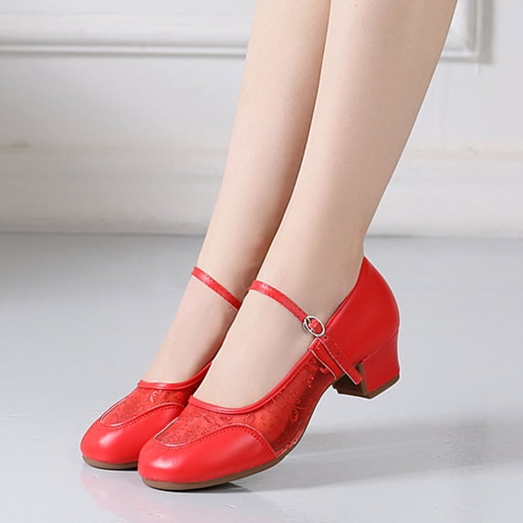 DIVVce Mesh Mary Jane Heels For Women Round Toe Adjustable Buckle Comfortable Block Heel Footwear